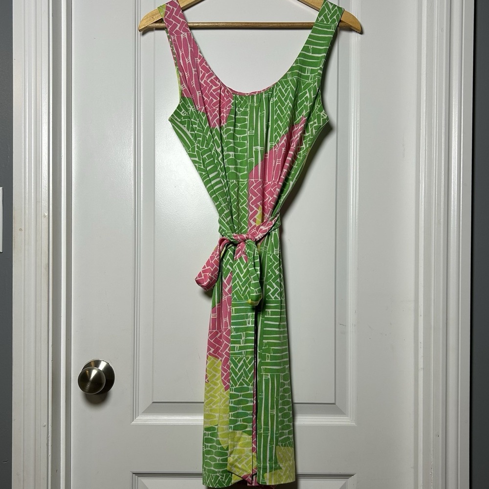 Lilly Pulitzer Silk Blend Green Pink Tropical Bamboo Print Belted Mini Dress